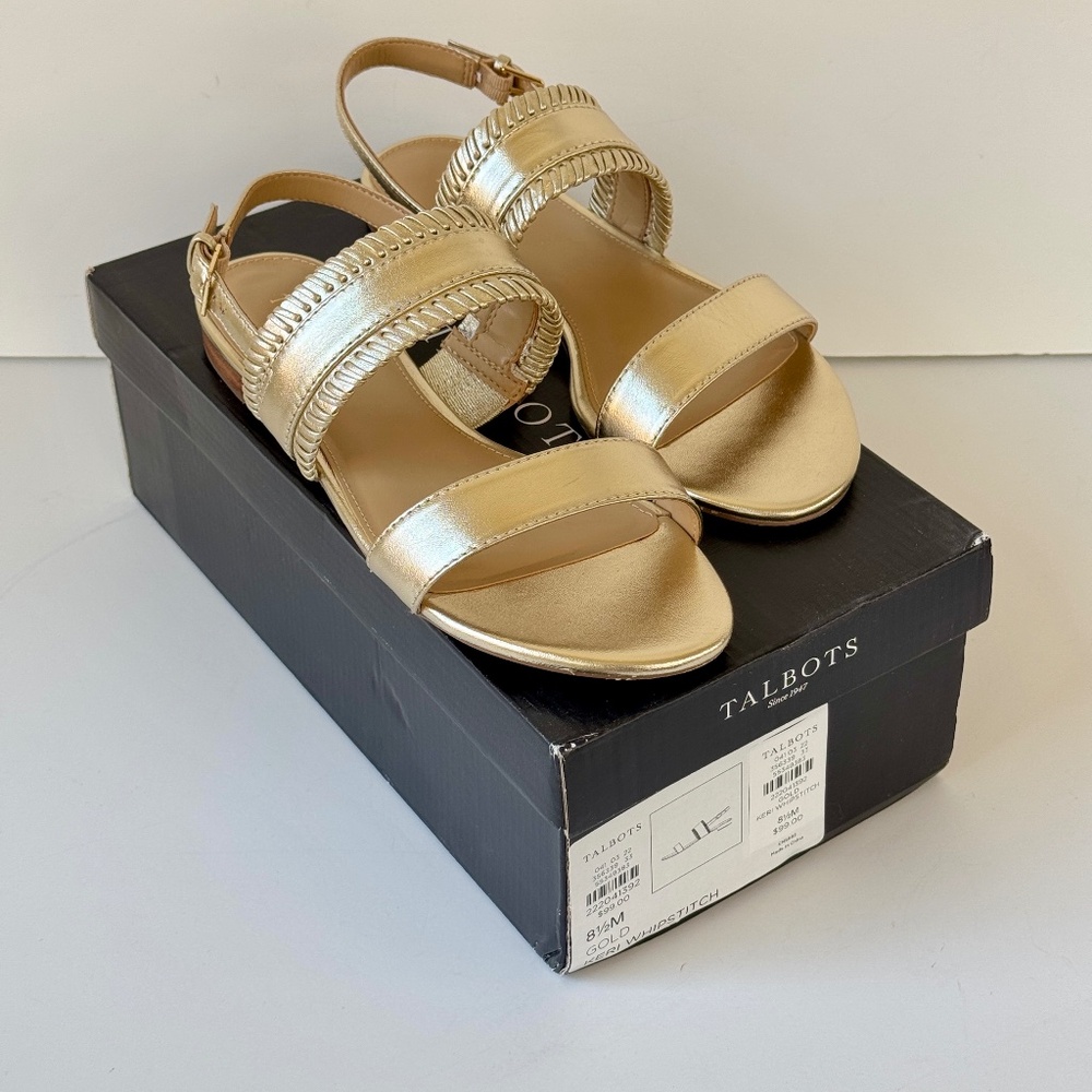 Talbots "Keri Whipstitch" Gold Leather Sandals - Size 8.5 M - Mint Cond with Box
